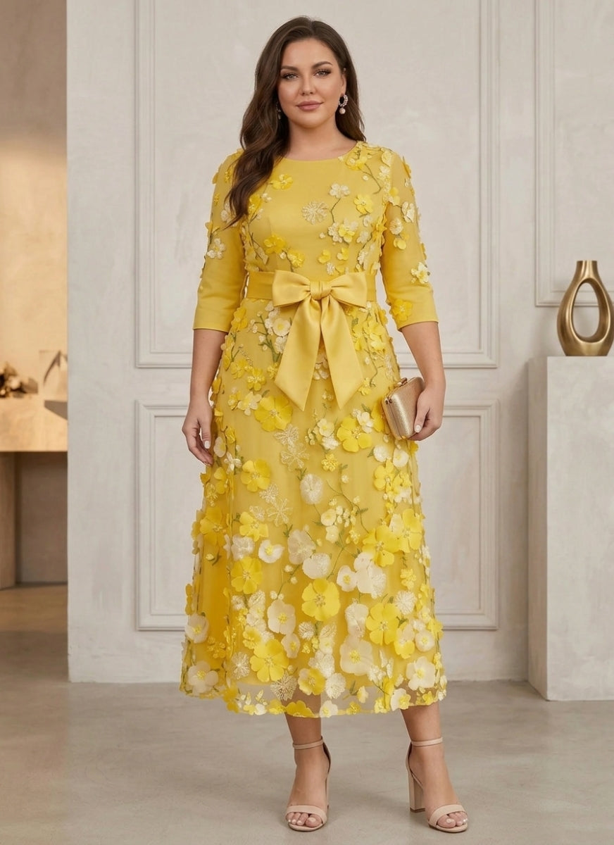 A-Line/Princess Scoop Satin Plus Size Mother of the Bride Dresses with Bowknot Lace Floral 3/4 Sleeves Tea-Length