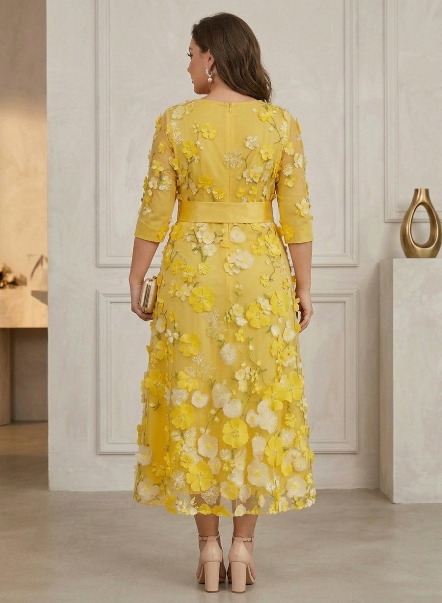 A-Line/Princess Scoop Satin Plus Size Mother of the Bride Dresses with Bowknot Lace Floral 3/4 Sleeves Tea-Length