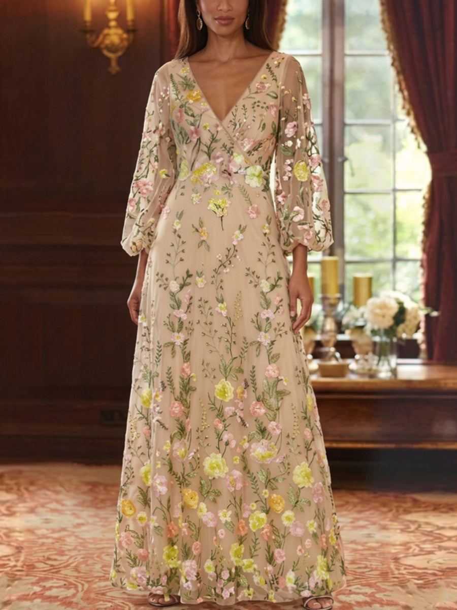 A-Line/Princess V-Neck Lace Mother of the Bride Dresses Floral 3/4 Sleeves Floor-Length
