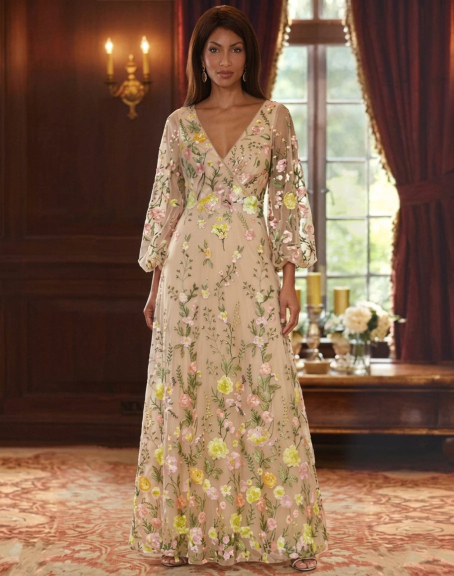 A-Line/Princess V-Neck Lace Mother of the Bride Dresses Floral 3/4 Sleeves Floor-Length