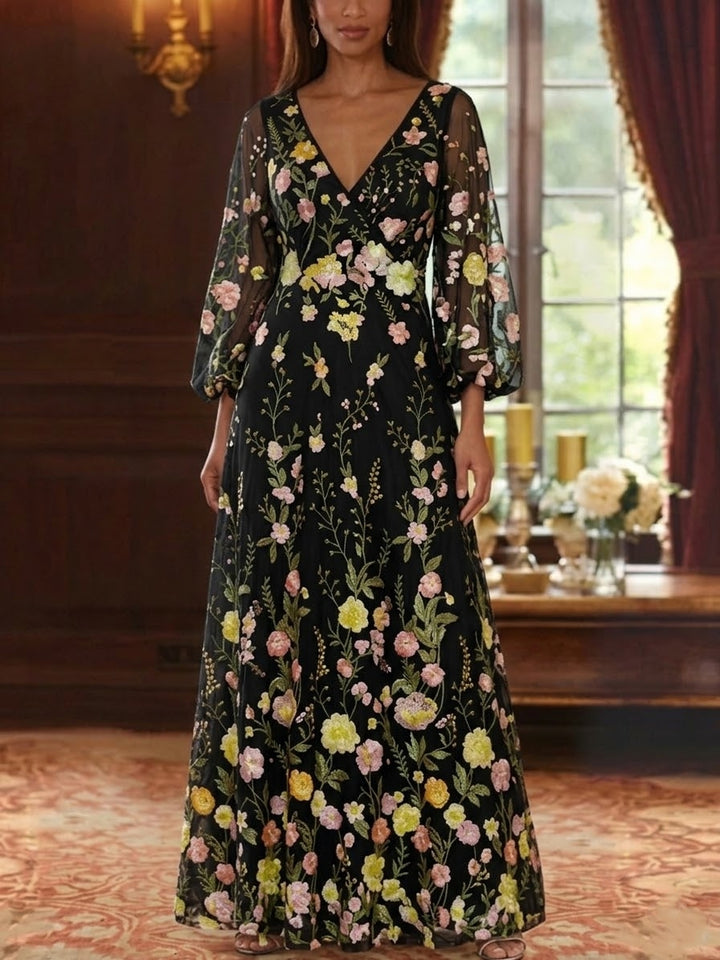 A-Line/Princess V-Neck Lace Mother of the Bride Dresses Floral 3/4 Sleeves Floor-Length