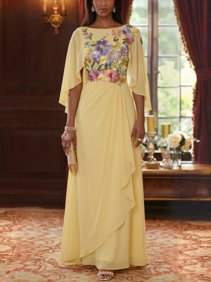 A-Line/Princess Scoop Chiffon Mother of the Bride Dresses Lace Floral Floor-Length Cape Sleeves