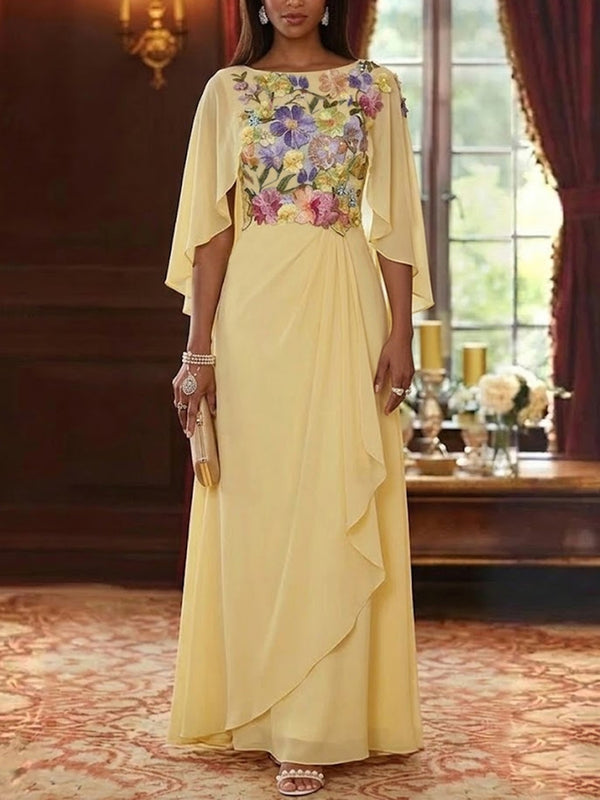 A-Line/Princess Scoop Chiffon Mother of the Bride Dresses Lace Floral Floor-Length Cape Sleeves