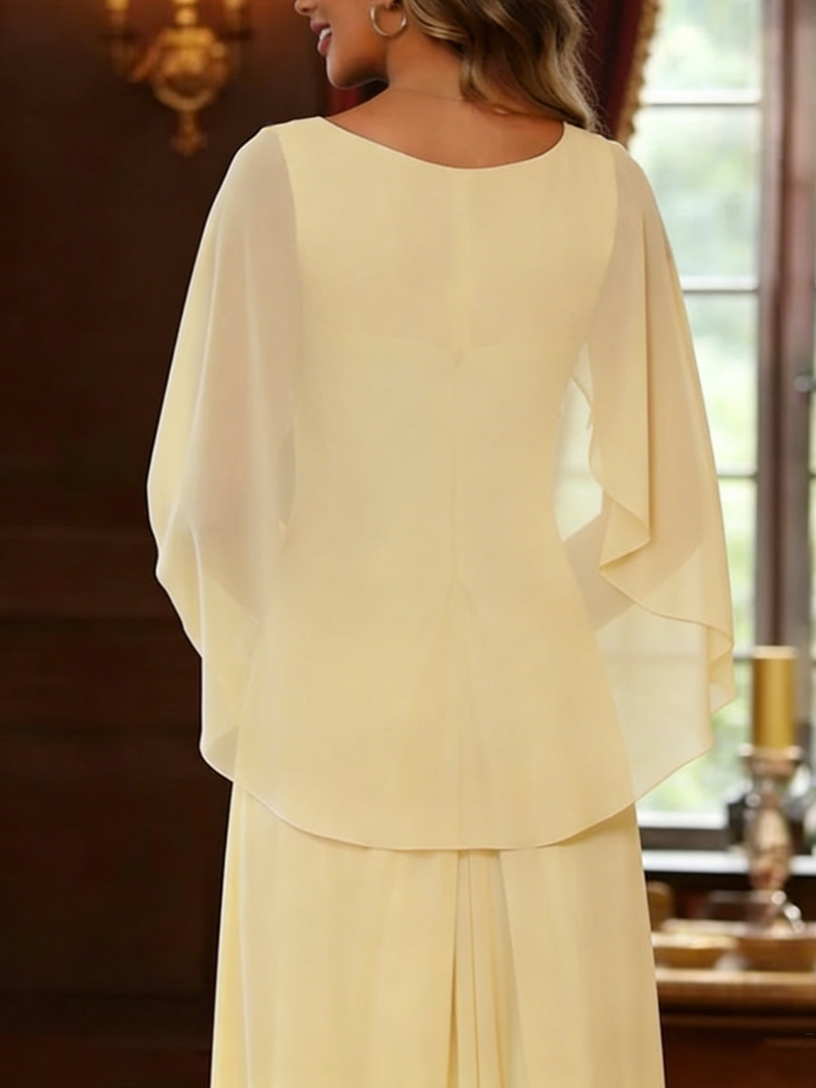 A-Line/Princess Scoop Chiffon Mother of the Bride Dresses Lace Floral Floor-Length Cape Sleeves