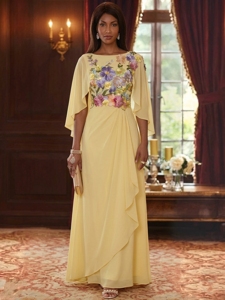 A-Line/Princess Scoop Chiffon Mother of the Bride Dresses Lace Floral Floor-Length Cape Sleeves