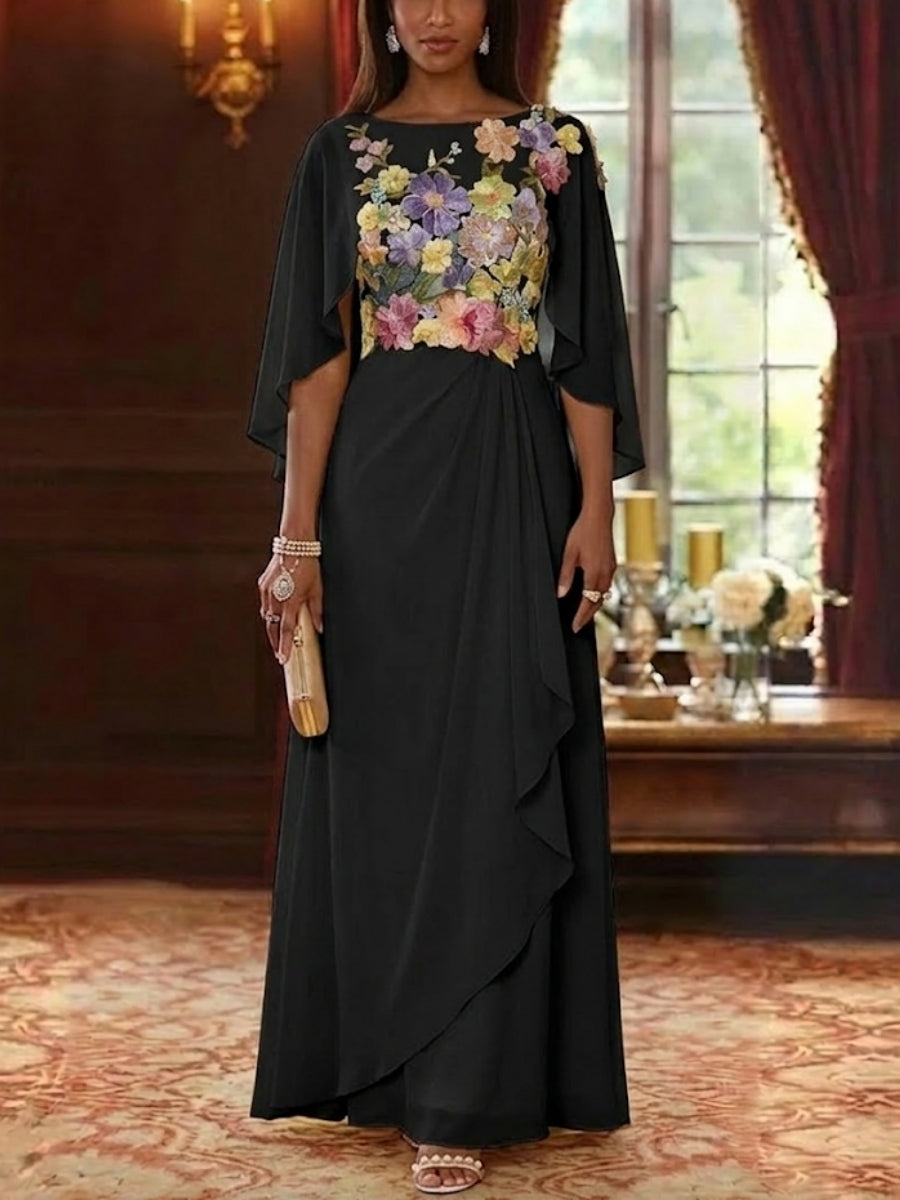 A-Line/Princess Scoop Chiffon Mother of the Bride Dresses Lace Floral Floor-Length Cape Sleeves