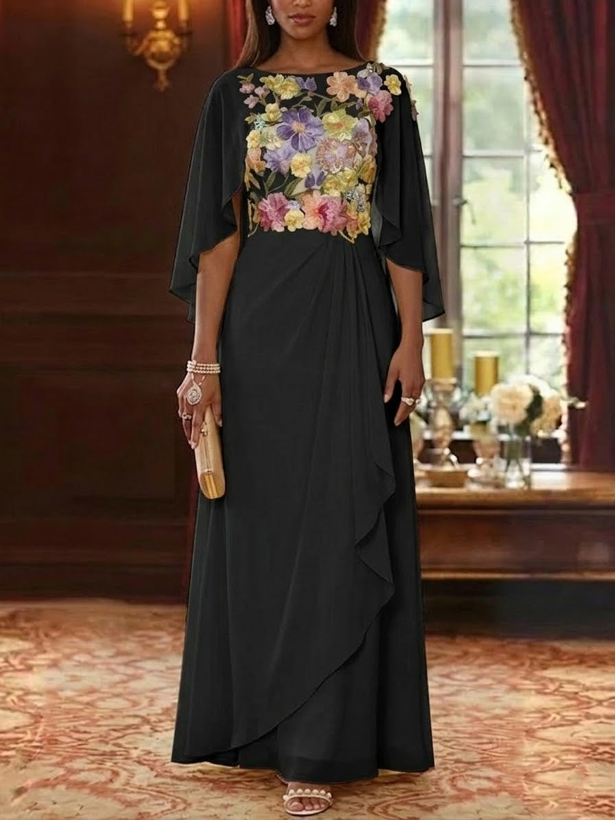 A-Line/Princess Scoop Chiffon Mother of the Bride Dresses Lace Floral Floor-Length Cape Sleeves