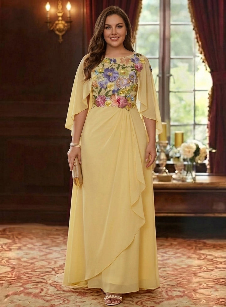 A-Line/Princess Scoop Chiffon Plus Size Mother of the Bride Dresses Lace Floral Floor-Length Cape Sleeves