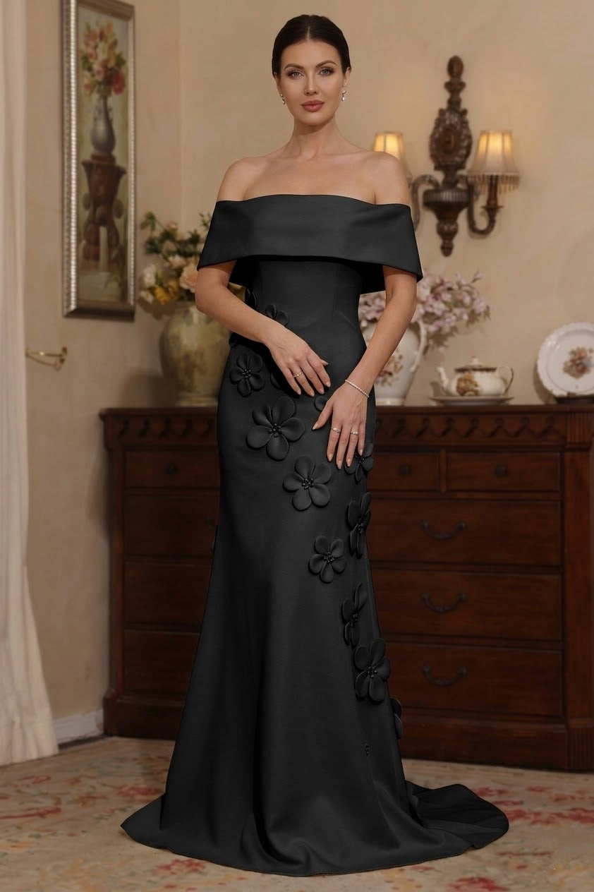 Trumpet/Mermaid Off-the-Shoulder Stretch Satin Mother of the Bride Dresses with 3D Flower Sleeveless Floor-Length