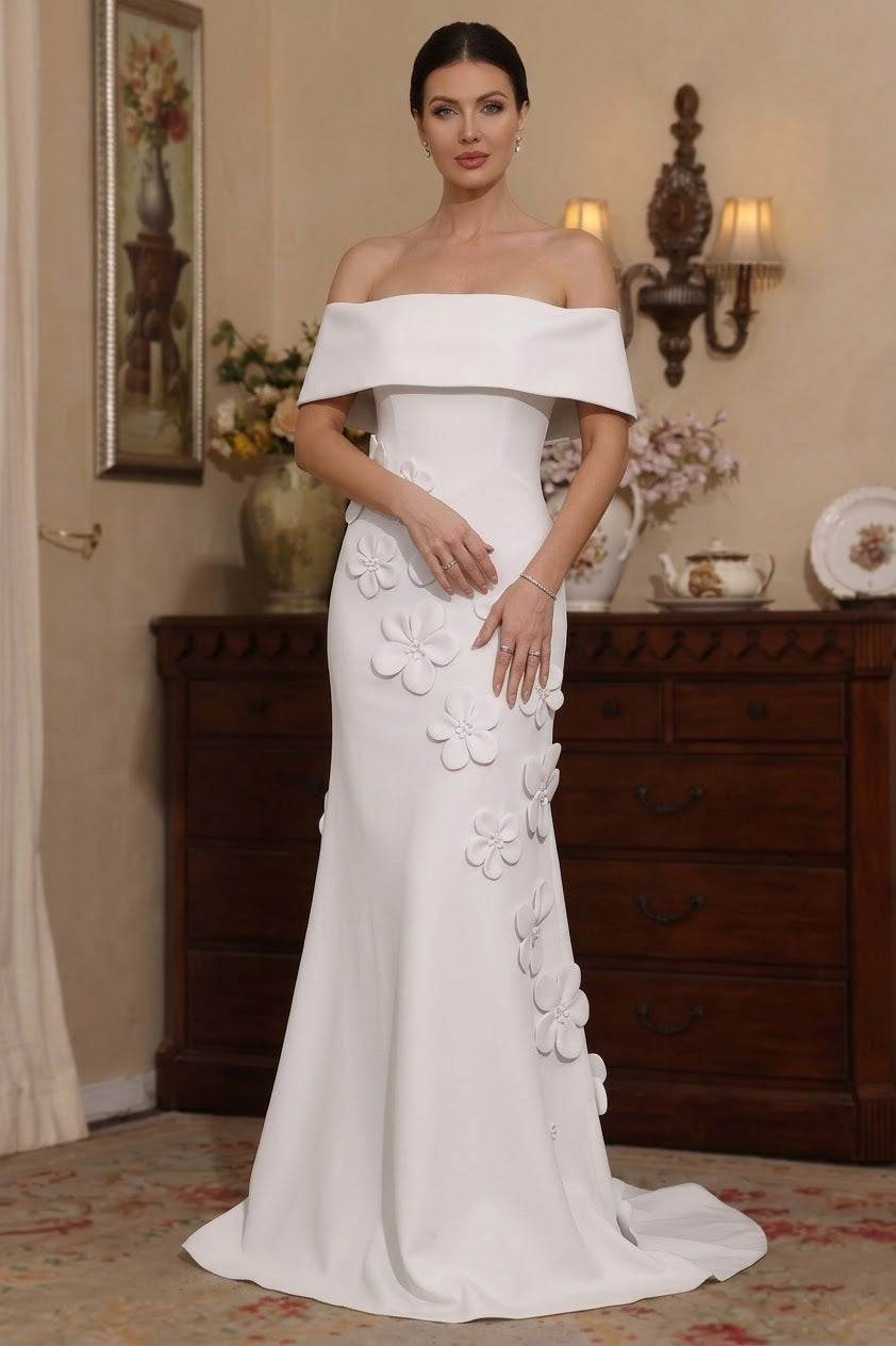 Trumpet/Mermaid Off-the-Shoulder Stretch Satin Mother of the Bride Dresses with 3D Flower Sleeveless Floor-Length