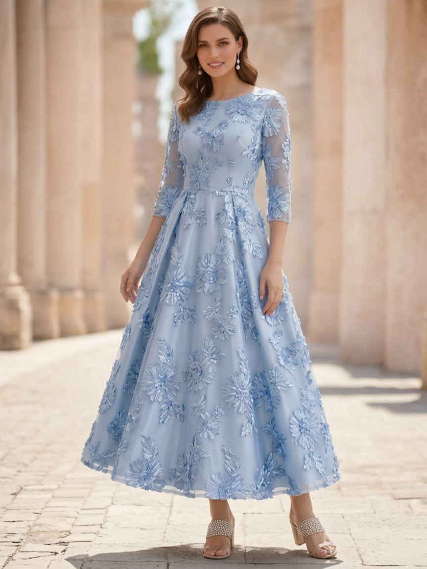 A-Line/Princess Scoop Lace Mother of the Bride Dresses Floral 3/4 Sleeves Tea-Length Appliques, Sky Blue