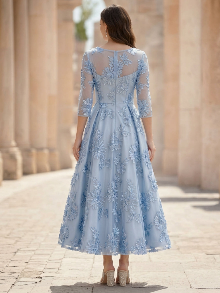 A-Line/Princess Scoop Lace Mother of the Bride Dresses Floral 3/4 Sleeves Tea-Length Appliques