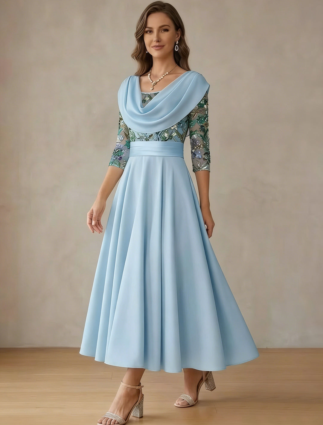 A-Line/Princess Cowl Neck Satin Mother of the Bride Dresses Lace Sequins Floral 3/4 Sleeves Tea-Length