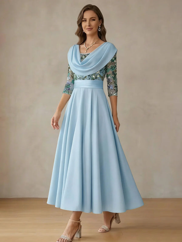 A-Line/Princess Cowl Neck Satin Mother of the Bride Dresses Lace Sequins Floral 3/4 Sleeves Tea-Length