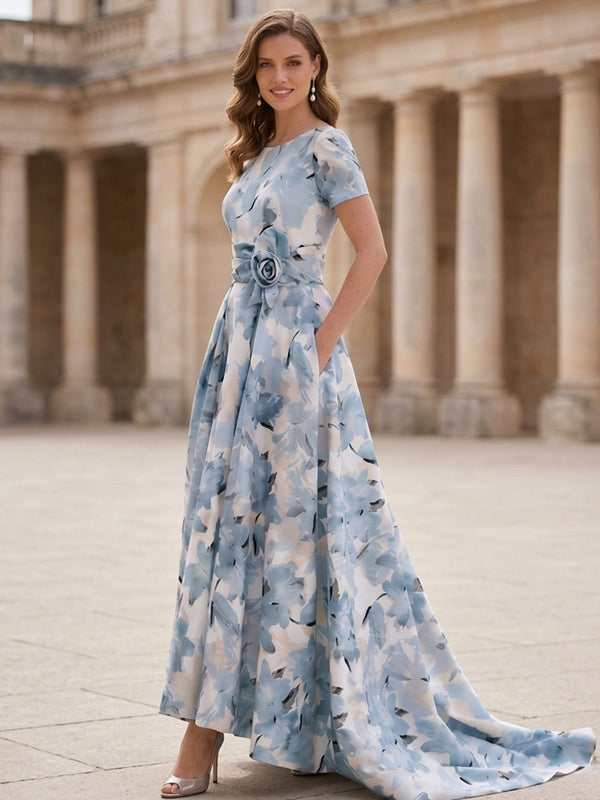 A-Line/Princess Scoop Satin Mother of the Bride Dresses Floral Short Sleeves Asymmetrical Ankle Length Sweep Train