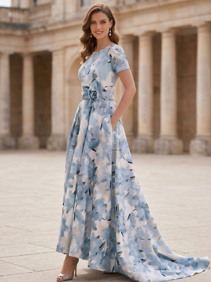 A-Line/Princess Scoop Satin Mother of the Bride Dresses Floral Short Sleeves Asymmetrical Ankle Length Sweep Train