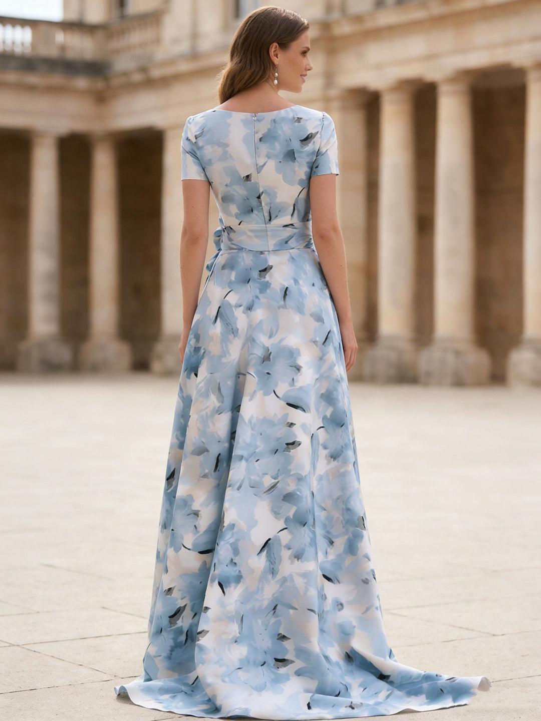 A-Line/Princess Scoop Satin Mother of the Bride Dresses Floral Short Sleeves Asymmetrical Ankle Length Sweep Train