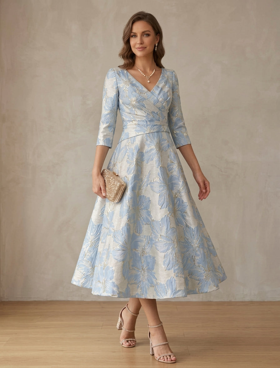 A-Line/Princess V-Neck Satin Mother of the Bride Dresses Floral 3/4 Sleeves Tea-Length Ruched