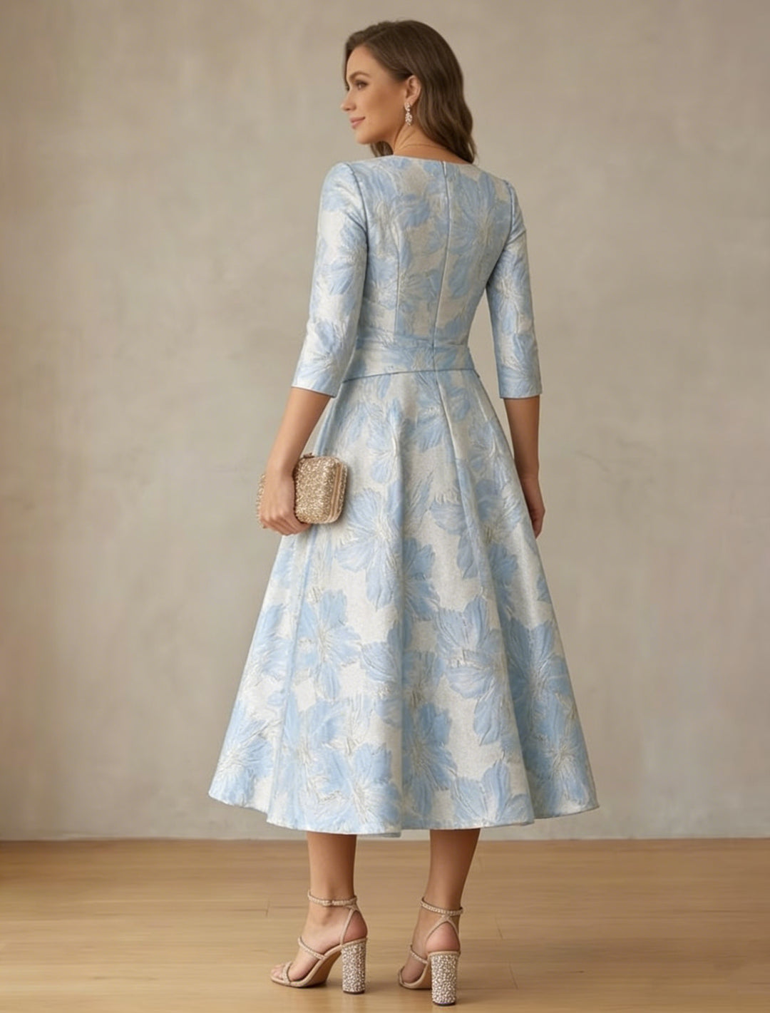 A-Line/Princess V-Neck Satin Mother of the Bride Dresses Floral 3/4 Sleeves Tea-Length Ruched