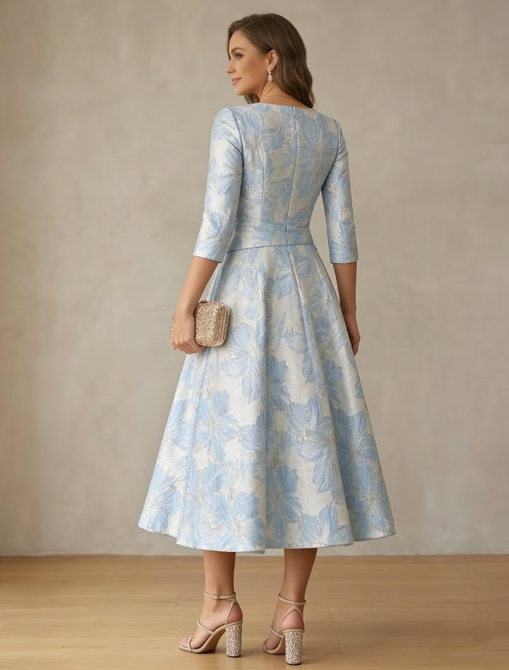 A-Line/Princess V-Neck Satin Mother of the Bride Dresses Floral 3/4 Sleeves Tea-Length Ruched