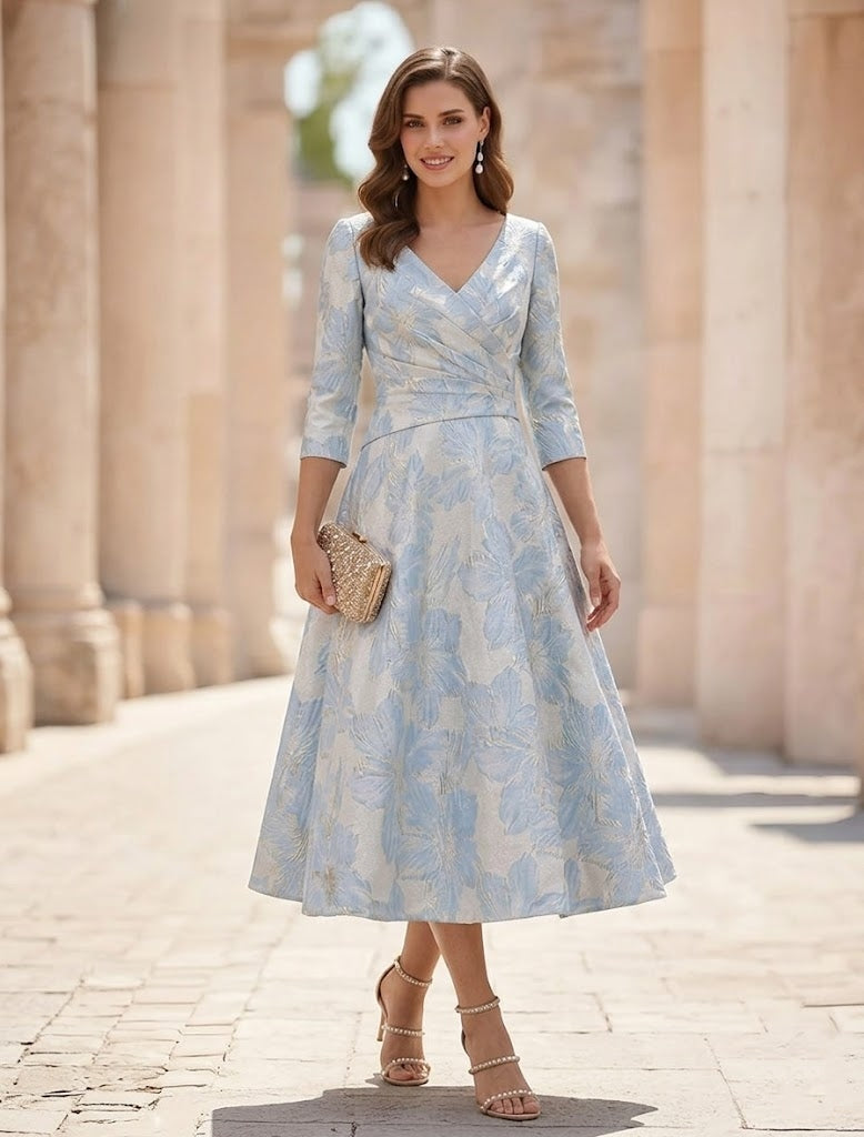 A-Line/Princess V-Neck Satin Mother of the Bride Dresses Floral 3/4 Sleeves Tea-Length Ruched