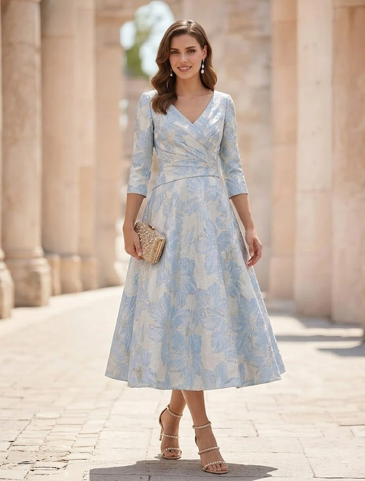 A-Line/Princess V-Neck Satin Mother of the Bride Dresses Floral 3/4 Sleeves Tea-Length Ruched