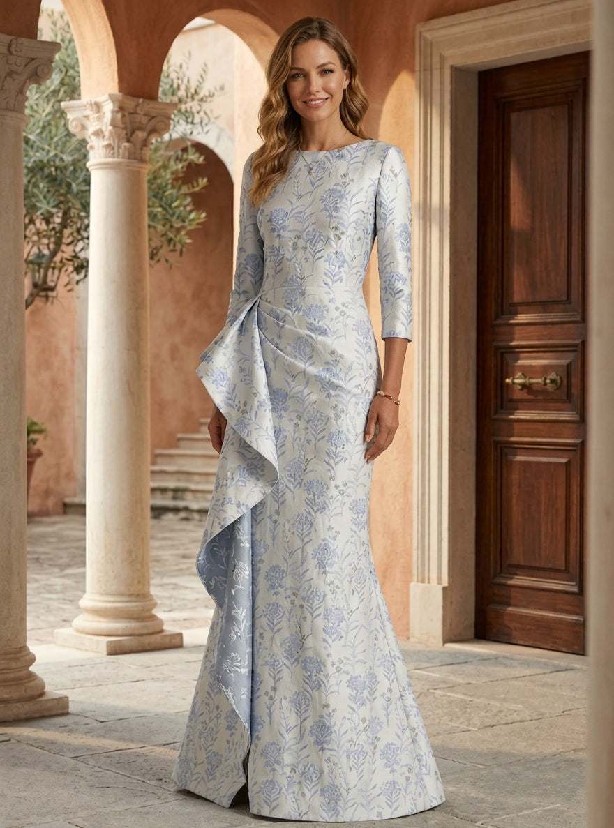 Trumpet/Mermaid Scoop Satin Mother of the Bride Dresses Floral 3/4 Sleeves Floor-Length Ruffles