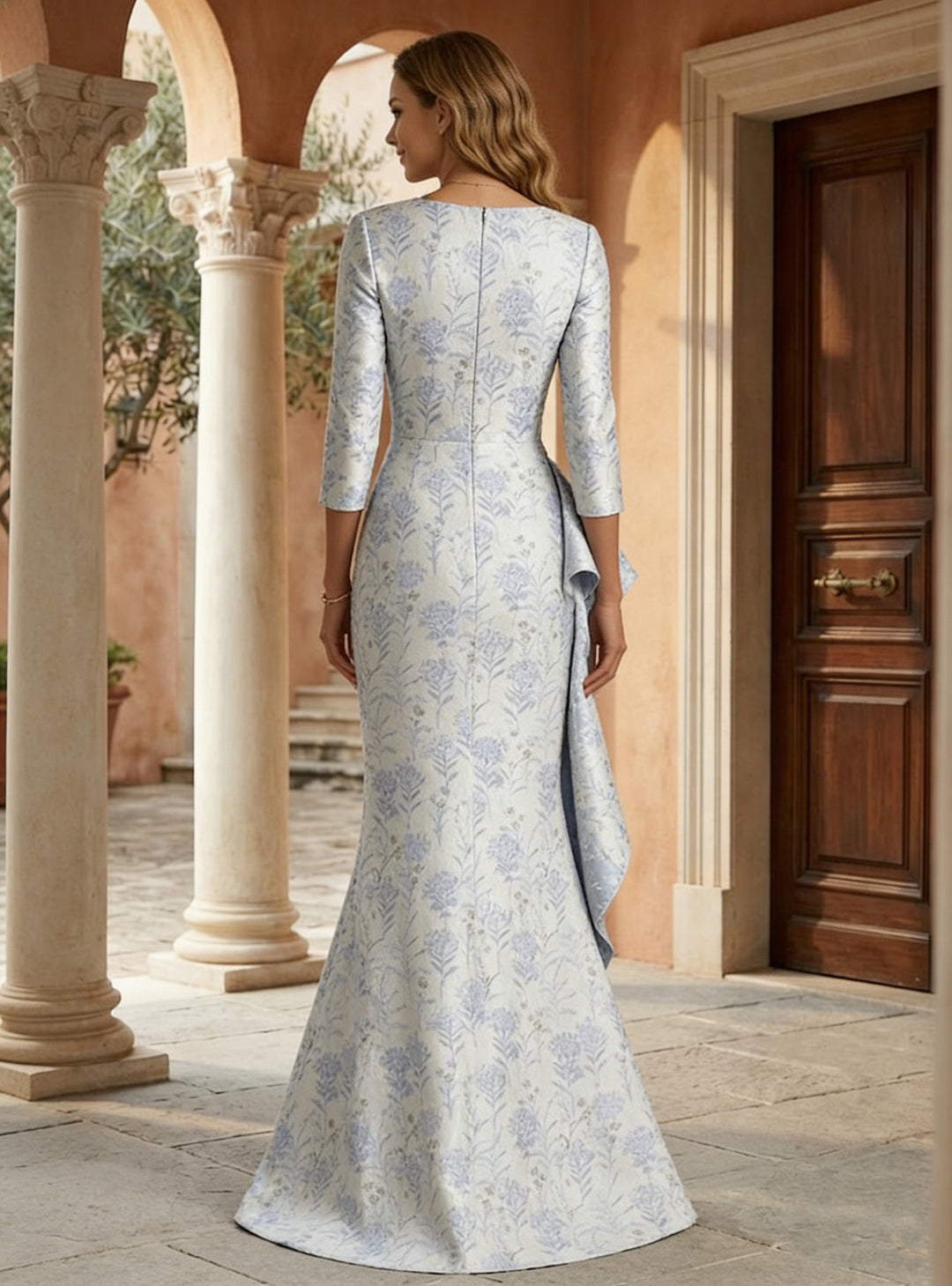 Trumpet/Mermaid Scoop Satin Mother of the Bride Dresses Floral 3/4 Sleeves Floor-Length Ruffles