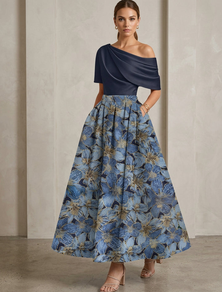 A-Line/Princess One-Shoulder Satin Mother of the Bride Dresses Floral Short Sleeves Ankle Length