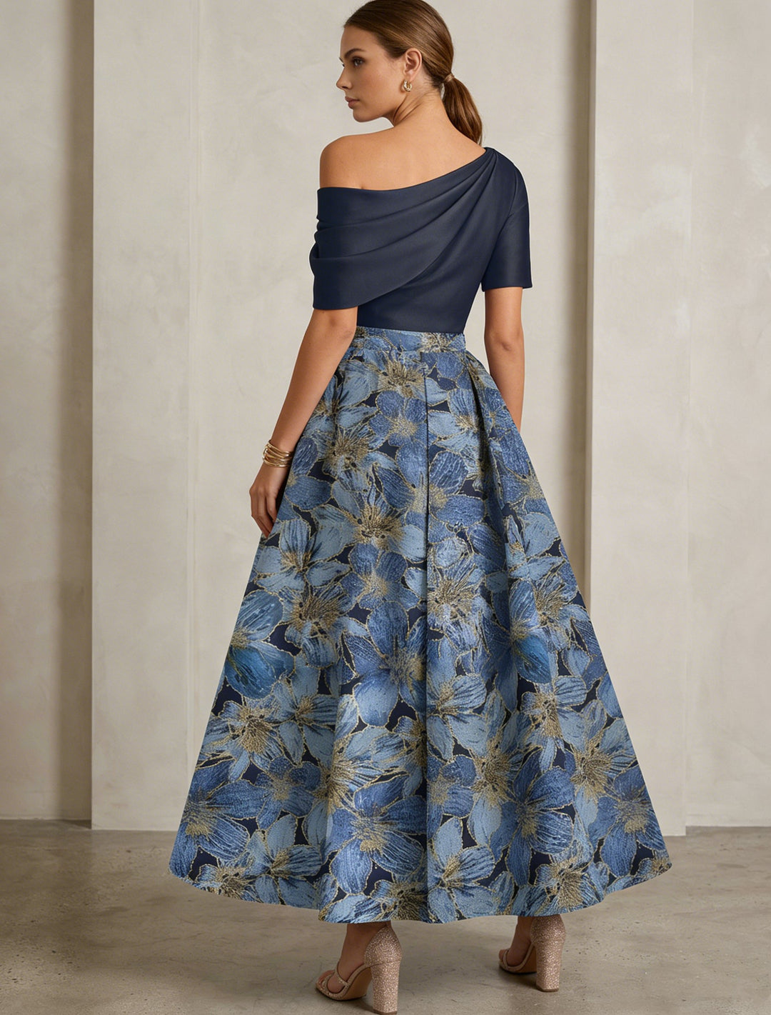 A-Line/Princess One-Shoulder Satin Mother of the Bride Dresses Floral Short Sleeves Ankle Length