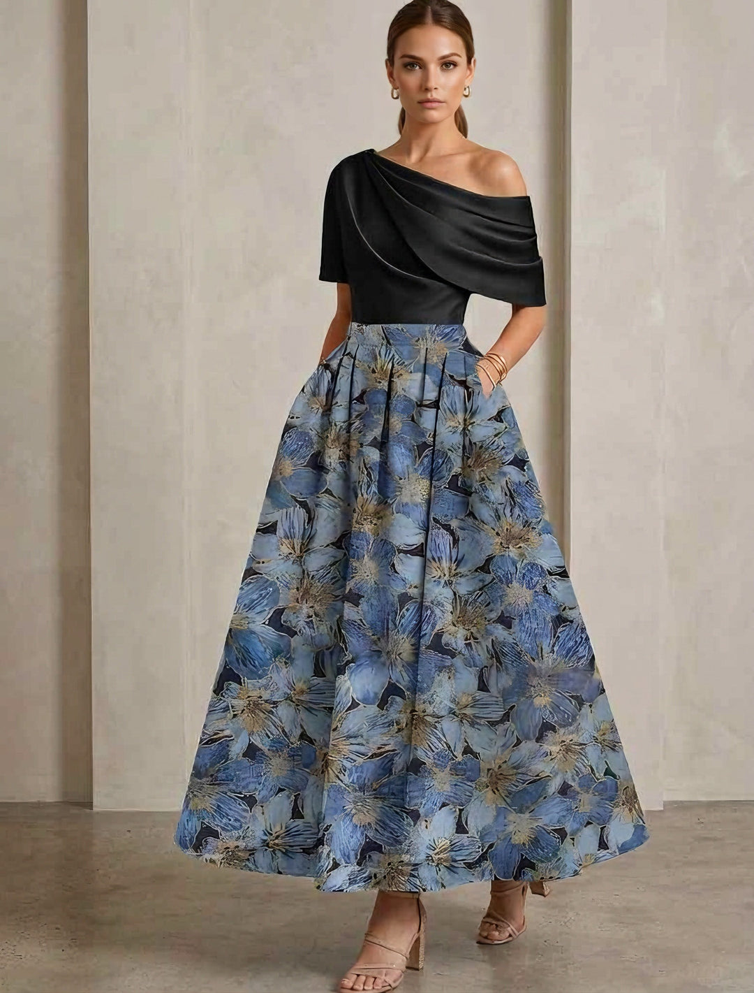 A-Line/Princess One-Shoulder Satin Mother of the Bride Dresses Floral Short Sleeves Ankle Length