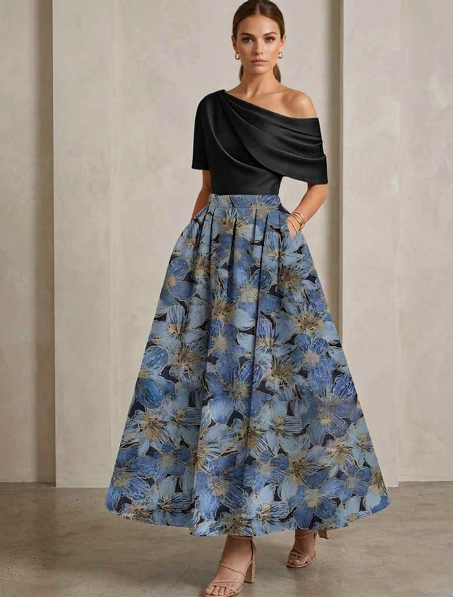 A-Line/Princess One-Shoulder Satin Mother of the Bride Dresses Floral Short Sleeves Ankle Length