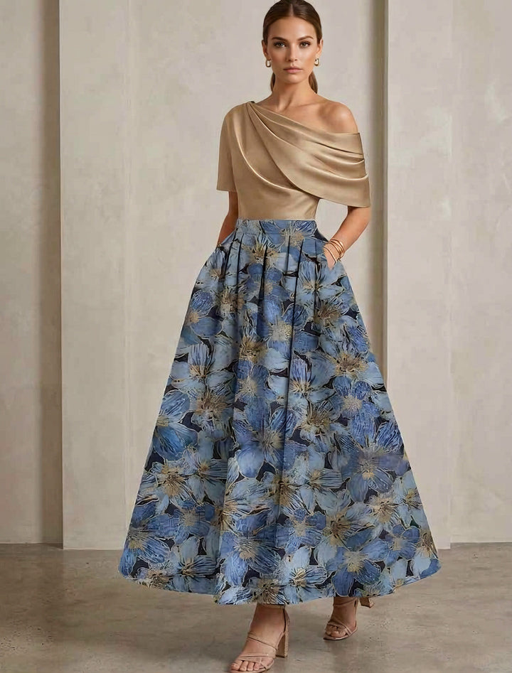 A-Line/Princess One-Shoulder Satin Mother of the Bride Dresses Floral Short Sleeves Ankle Length