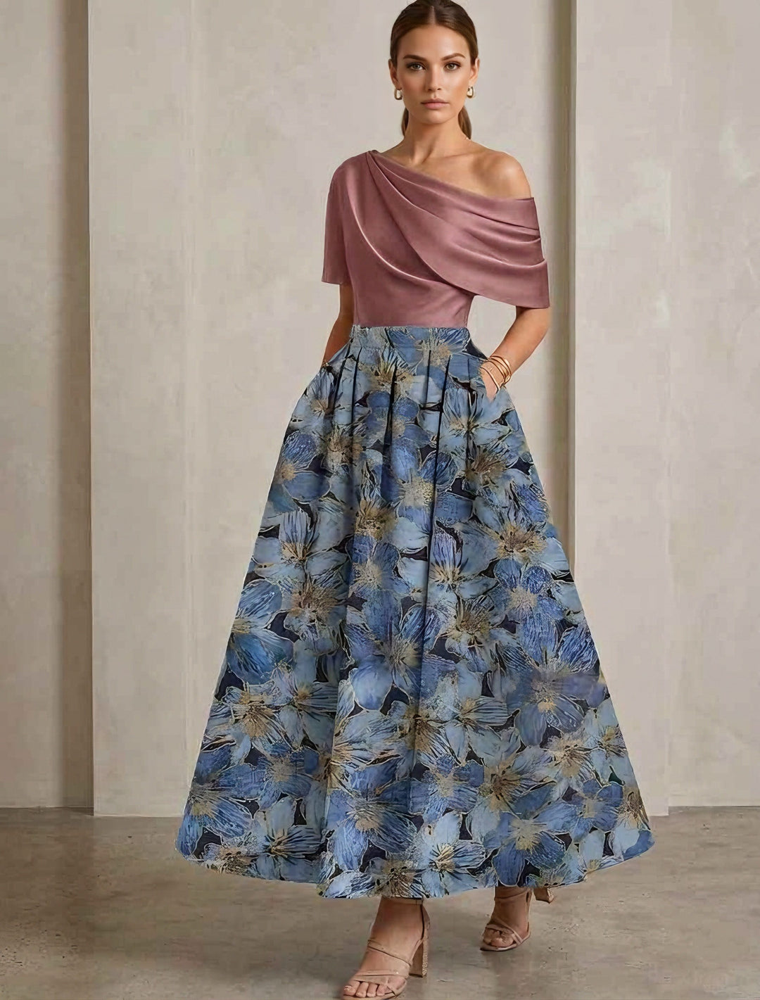 A-Line/Princess One-Shoulder Satin Mother of the Bride Dresses Floral Short Sleeves Ankle Length
