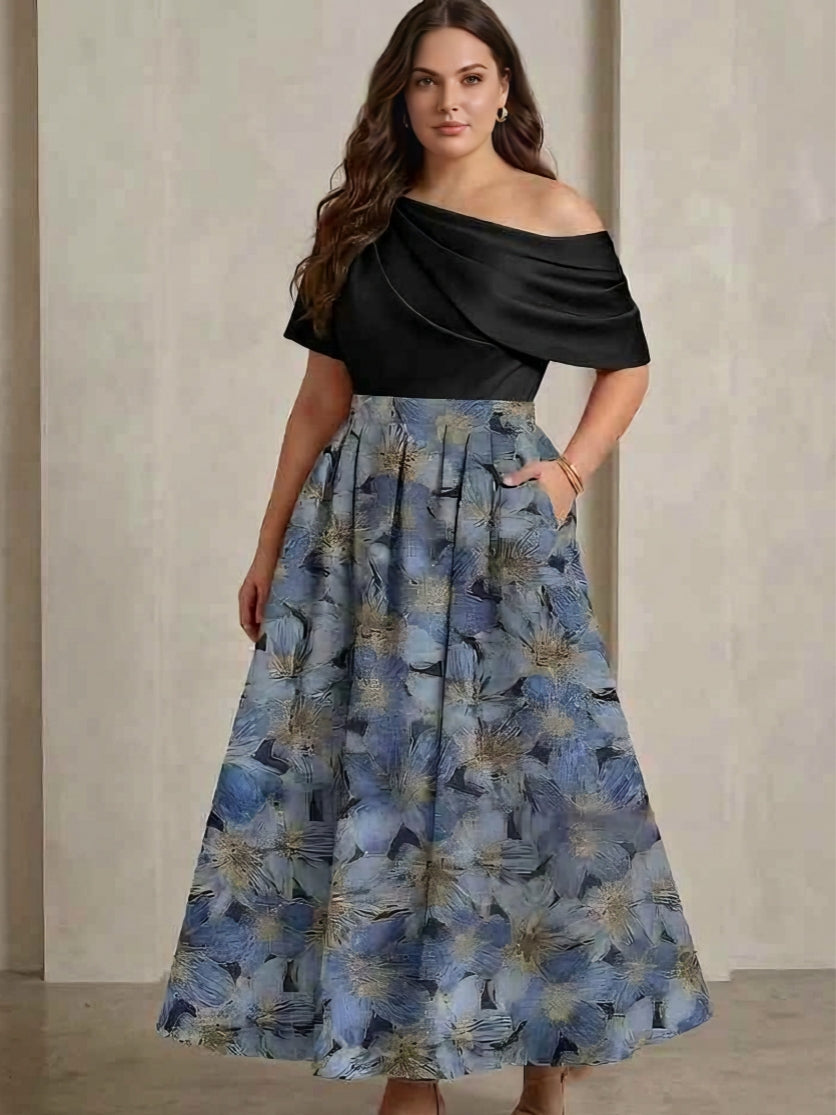 A-Line/Princess One-Shoulder Satin Plus Size Mother of the Bride Dresses Floral Short Sleeves Ankle Length