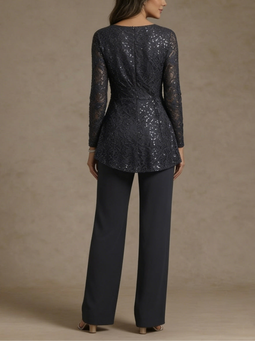 3 Pieces Suit Scoop Chiffon Mother of the Bride Pantsuits Lace Ankle-Length Long Sleeves
