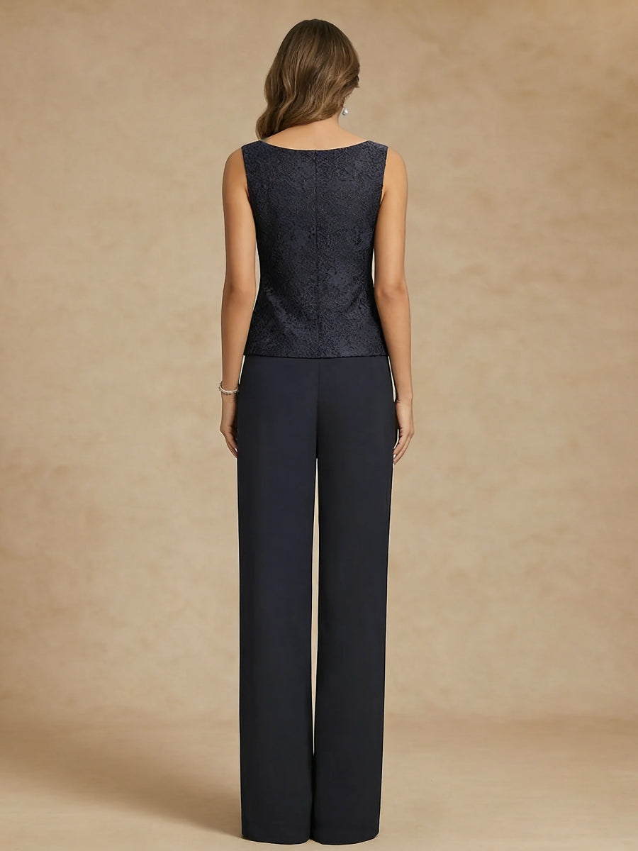 3 Pieces Suit Scoop Chiffon Mother of the Bride Pantsuits Lace Ankle-Length Long Sleeves