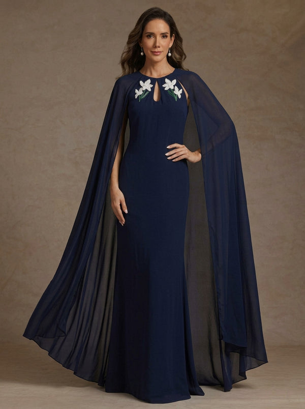 Sheath/Column Scoop Chiffon Mother of the Bride Dresses with Cape Floral Floor-Length Sleeveless
