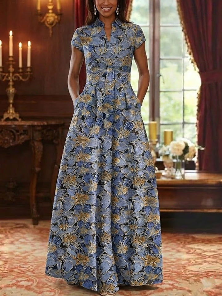 A-Line/Princess V-Neck Satin Mother of the Bride Dresses Floral Short Sleeves Floor-Length
