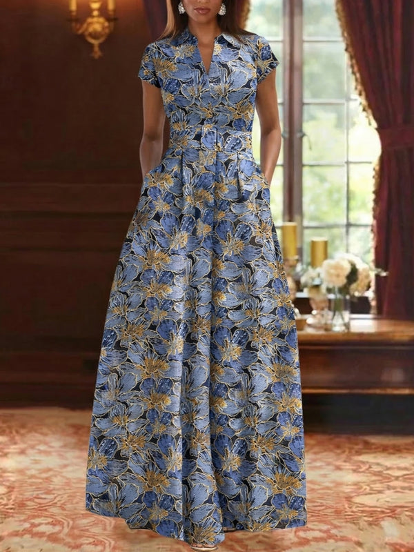 A-Line/Princess V-Neck Satin Mother of the Bride Dresses Floral Short Sleeves Floor-Length