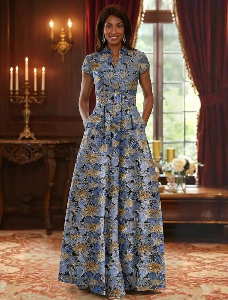 A-Line/Princess V-Neck Satin Mother of the Bride Dresses Floral Short Sleeves Floor-Length