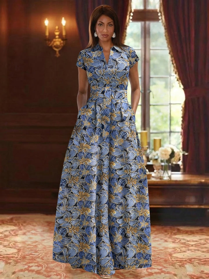 A-Line/Princess V-Neck Satin Mother of the Bride Dresses Floral Short Sleeves Floor-Length