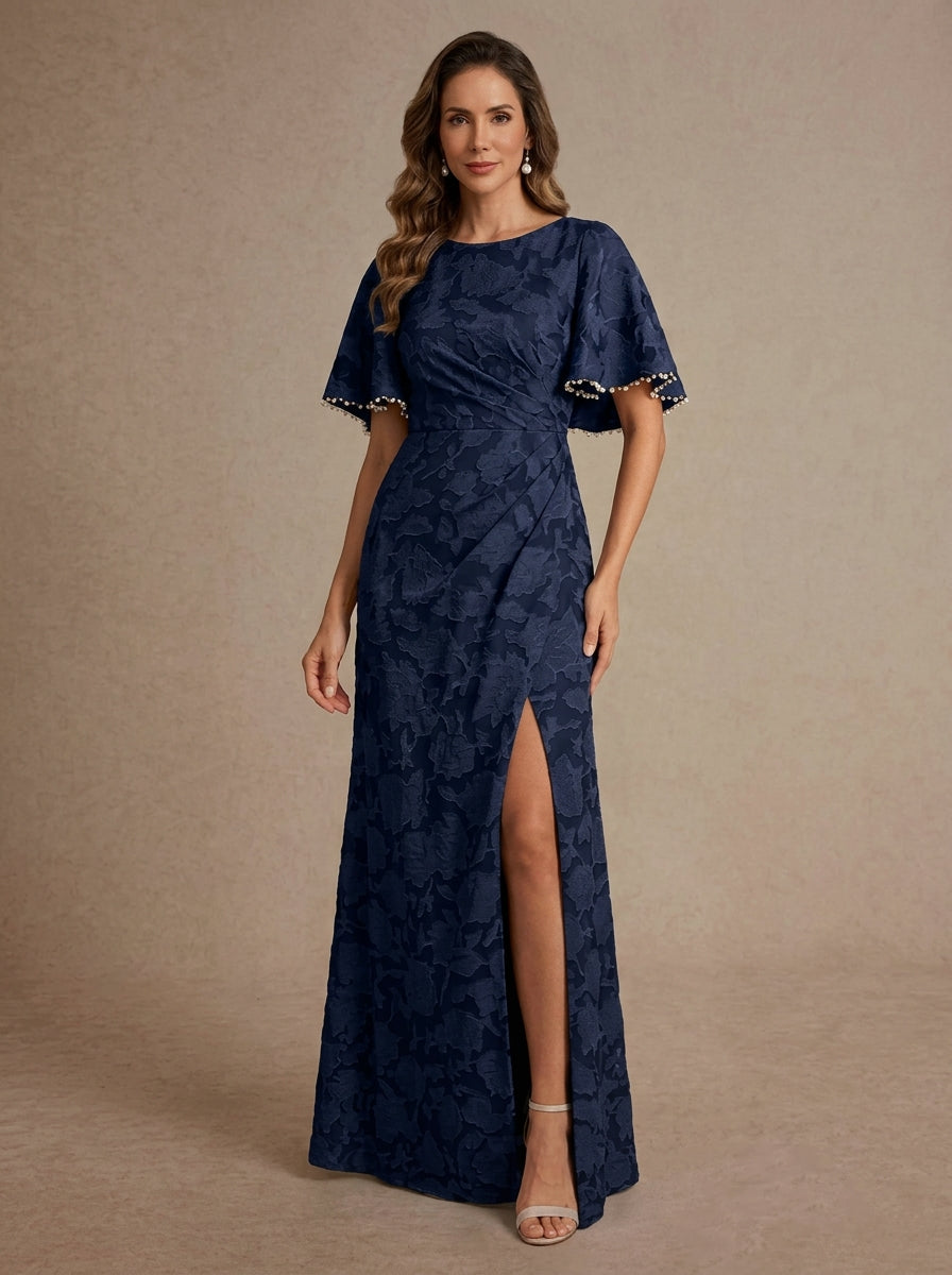 Sheath/Column Scoop Floral Burnout Mother of the Bride Dresses with Split Side Floor-Length Short Sleeves, Navy Blue