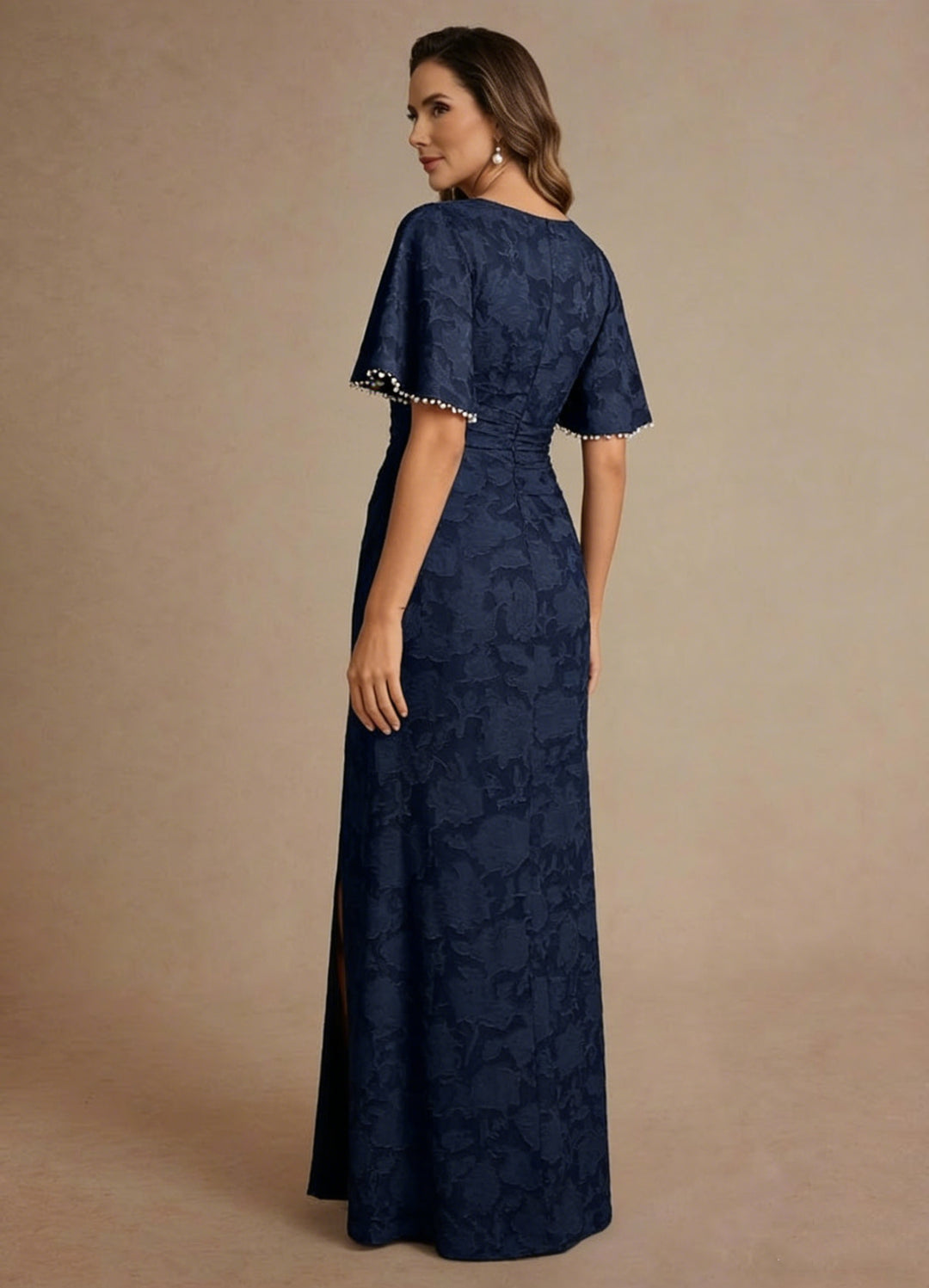 Sheath/Column Scoop Floral Burnout Mother of the Bride Dresses with Split Side Floor-Length Short Sleeves