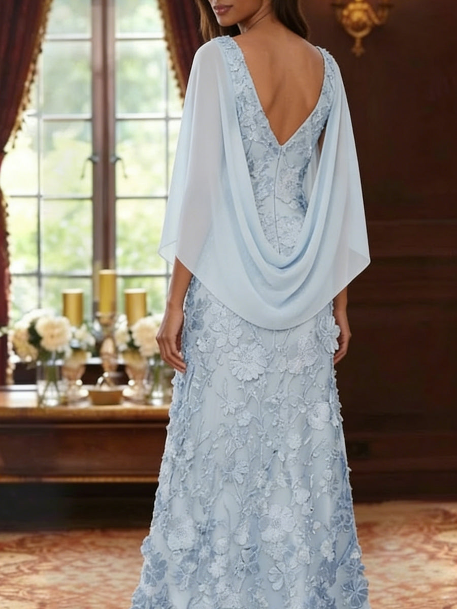 A-Line/Princess Scoop Chiffon Mother of the Bride Dresses Lace Floral Floor-Length Cape Sleeves