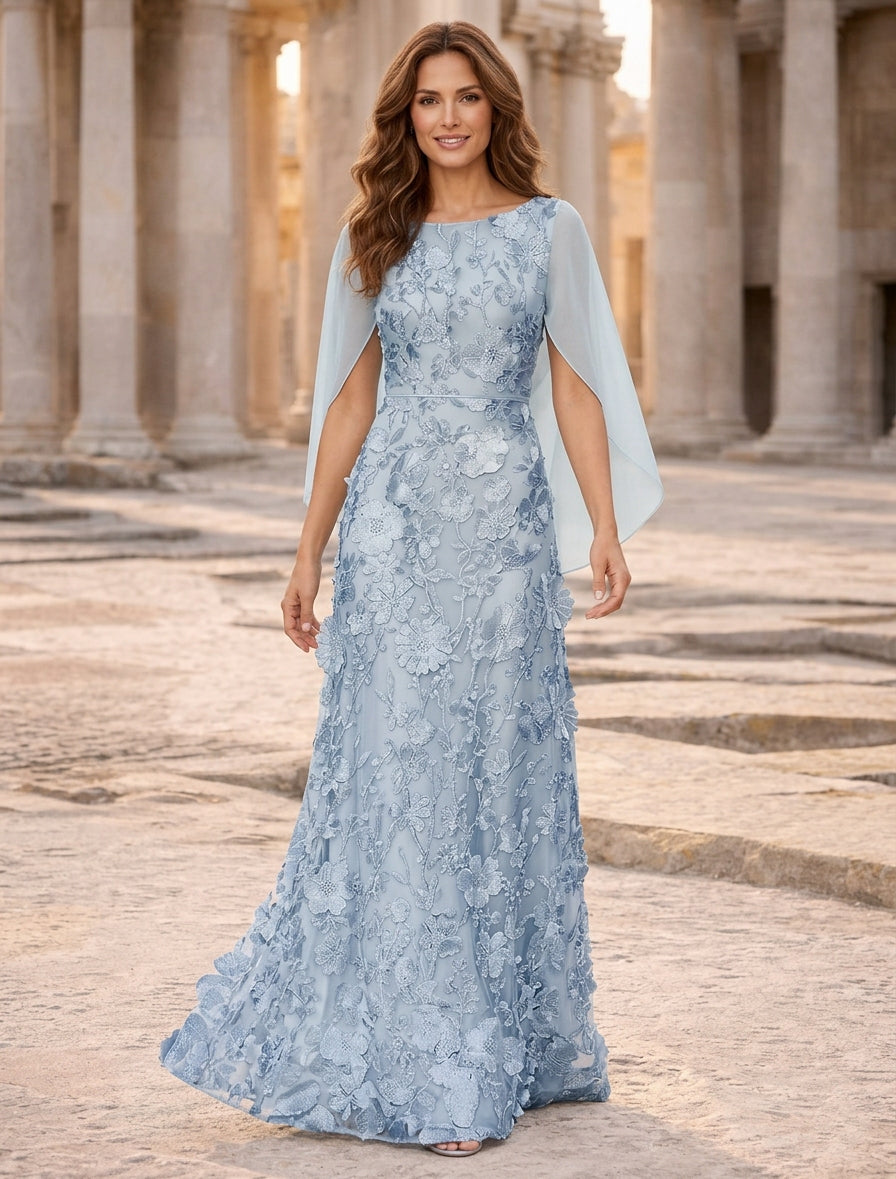 A-Line/Princess Scoop Chiffon Mother of the Bride Dresses Lace Floral Floor-Length Cape Sleeves, Sky Blue