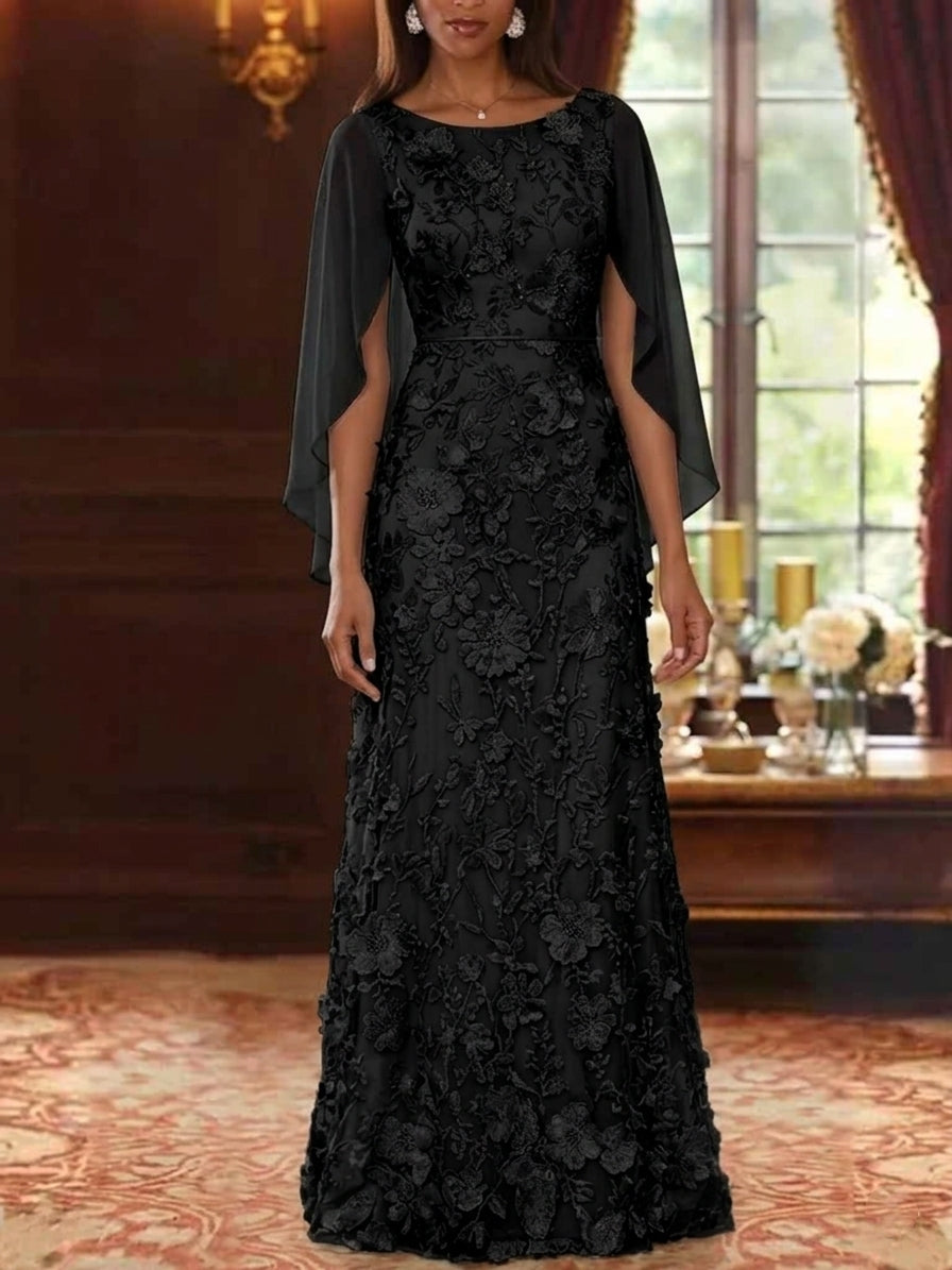 A-Line/Princess Scoop Chiffon Mother of the Bride Dresses Lace Floral Floor-Length Cape Sleeves