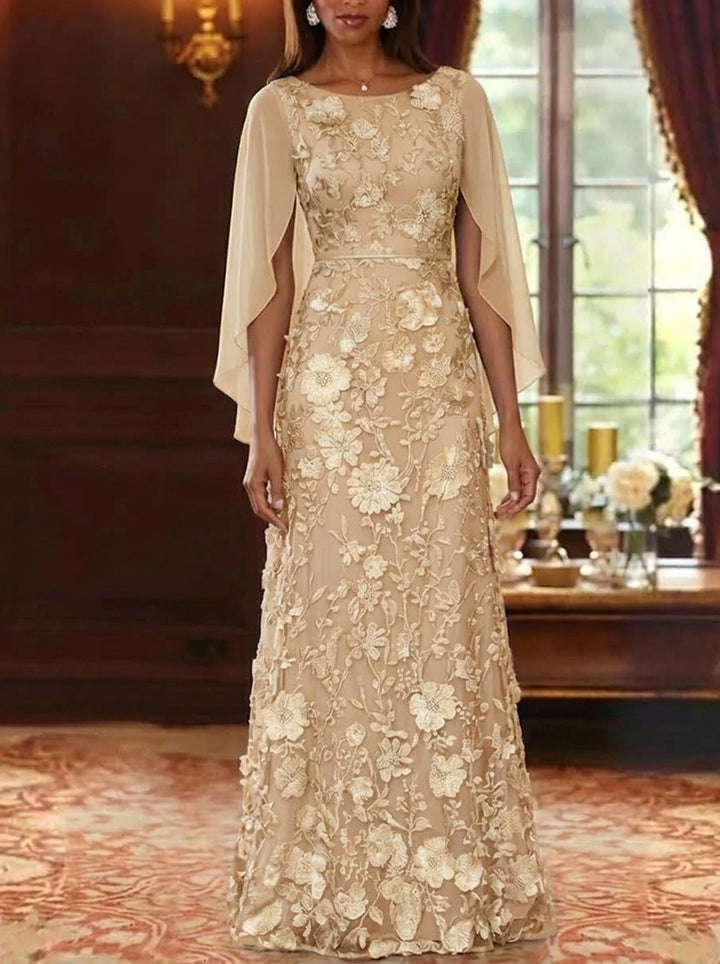 A-Line/Princess Scoop Chiffon Mother of the Bride Dresses Lace Floral Floor-Length Cape Sleeves