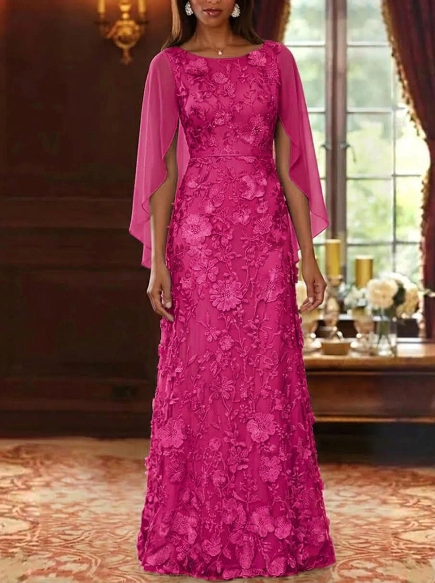 A-Line/Princess Scoop Chiffon Mother of the Bride Dresses Lace Floral Floor-Length Cape Sleeves