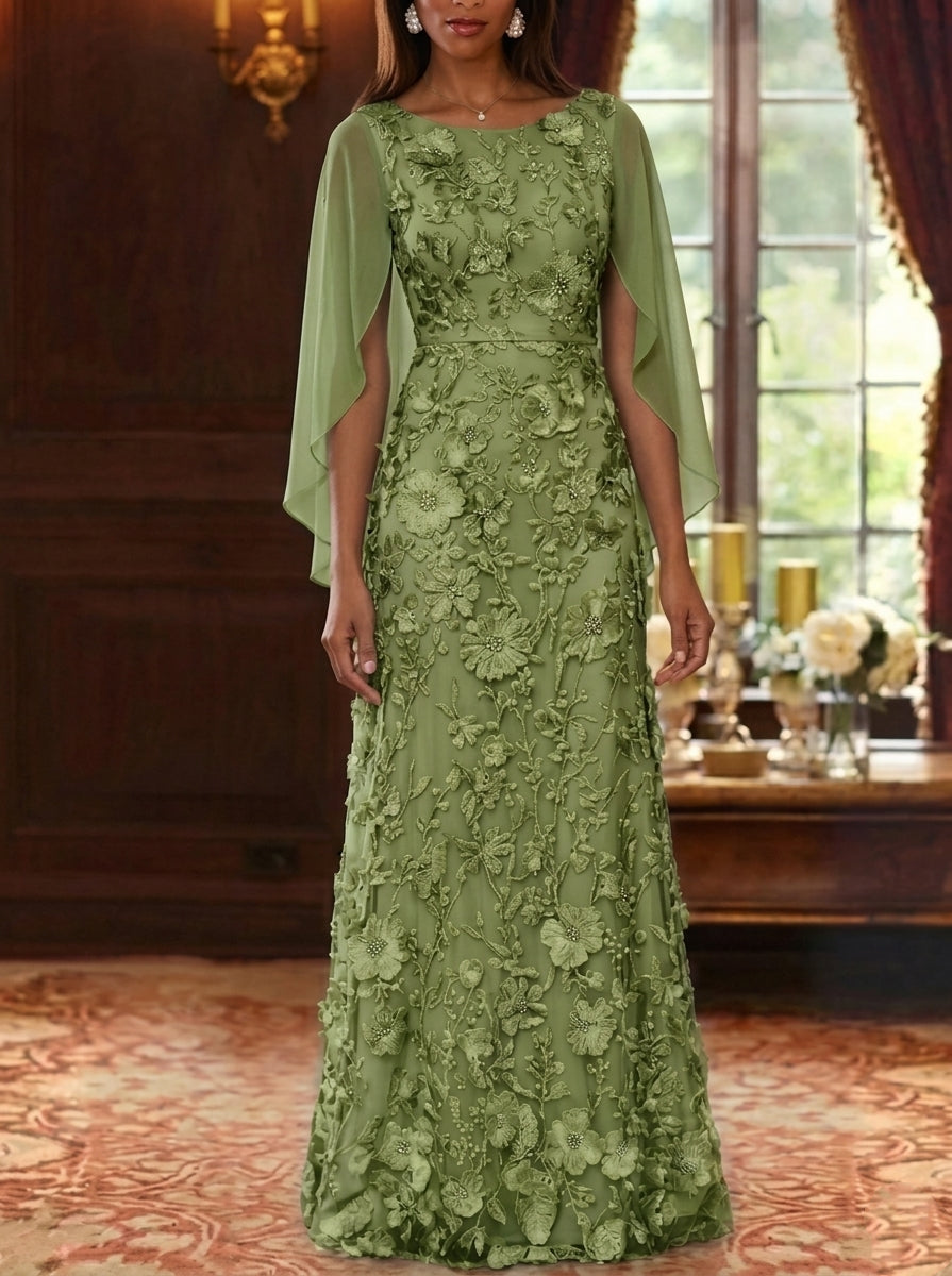 A-Line/Princess Scoop Chiffon Mother of the Bride Dresses Lace Floral Floor-Length Cape Sleeves